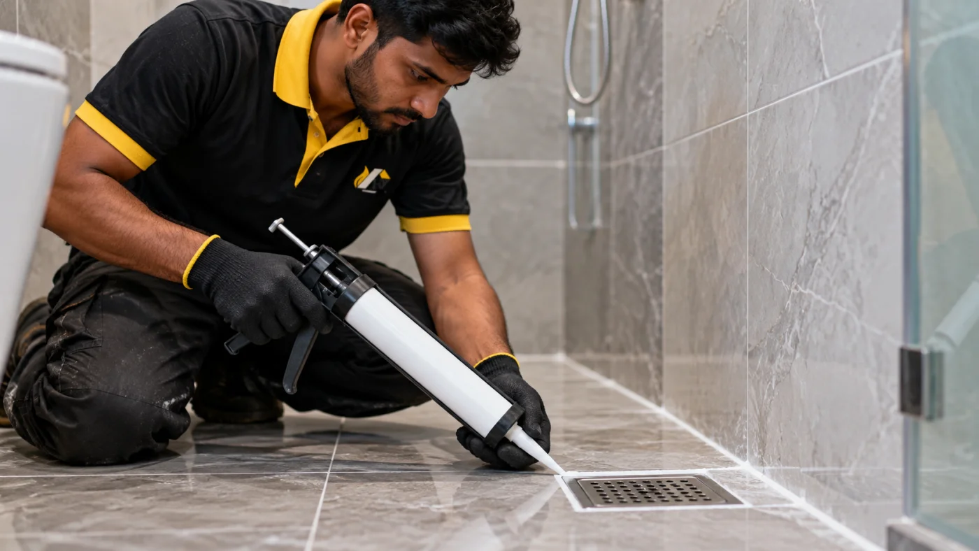 Focused Worker Sealing a Tiled Shower